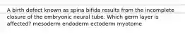 A birth defect known as spina bifida results from the incomplete closure of the embryonic neural tube. Which germ layer is affected? mesoderm endoderm ectoderm myotome