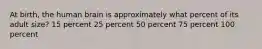 At birth, the human brain is approximately what percent of its adult size? 15 percent 25 percent 50 percent 75 percent 100 percent