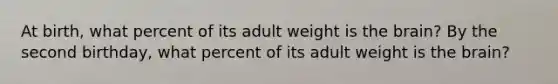 At birth, what percent of its adult weight is the brain? By the second birthday, what percent of its adult weight is the brain?