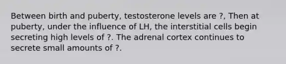 Between birth and puberty, testosterone levels are ?, Then at puberty, under the influence of LH, the interstitial cells begin secreting high levels of ?. The adrenal cortex continues to secrete small amounts of ?.