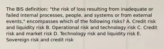 The BIS definition: "the risk of loss resulting from inadequate or failed internal processes, people, and systems or from external events," encompasses which of the following risks? A. Credit risk and liquidity risk B. Operational risk and technology risk C. Credit risk and market risk D. Technology risk and liquidity risk E. Sovereign risk and credit risk