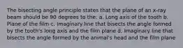 The bisecting angle principle states that the plane of an x-ray beam should be 90 degrees to the: a. Long axis of the tooth b. Plane of the film c. Imaginary line that bisects the angle formed by the tooth's long axis and the film plane d. Imaginary line that bisects the angle formed by the animal's head and the film plane