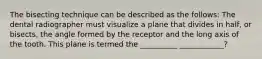 The bisecting technique can be described as the follows: The dental radiographer must visualize a plane that divides in half, or bisects, the angle formed by the receptor and the long axis of the tooth. This plane is termed the __________ ____________?
