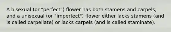 A bisexual (or "perfect") flower has both stamens and carpels, and a unisexual (or "imperfect") flower either lacks stamens (and is called carpellate) or lacks carpels (and is called staminate).