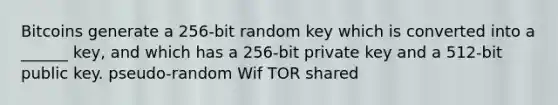 Bitcoins generate a 256-bit random key which is converted into a ______ key, and which has a 256-bit private key and a 512-bit public key. pseudo-random Wif TOR shared