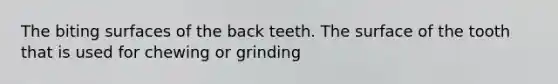 The biting surfaces of the back teeth. The surface of the tooth that is used for chewing or grinding