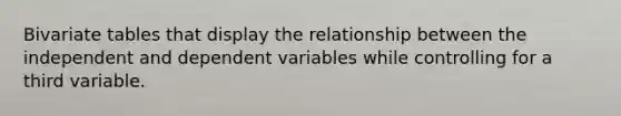 Bivariate tables that display the relationship between the independent and dependent variables while controlling for a third variable.