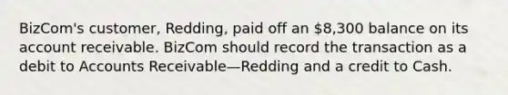 BizCom's customer, Redding, paid off an 8,300 balance on its account receivable. BizCom should record the transaction as a debit to Accounts Receivable—Redding and a credit to Cash.