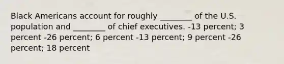 Black Americans account for roughly ________ of the U.S. population and ________ of chief executives. -13 percent; 3 percent -26 percent; 6 percent -13 percent; 9 percent -26 percent; 18 percent