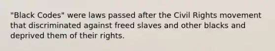 "Black Codes" were laws passed after the Civil Rights movement that discriminated against freed slaves and other blacks and deprived them of their rights.