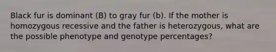 Black fur is dominant (B) to gray fur (b). If the mother is homozygous recessive and the father is heterozygous, what are the possible phenotype and genotype percentages?