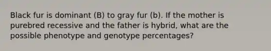 Black fur is dominant (B) to gray fur (b). If the mother is purebred recessive and the father is hybrid, what are the possible phenotype and genotype percentages?