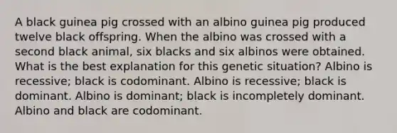 A black guinea pig crossed with an albino guinea pig produced twelve black offspring. When the albino was crossed with a second black animal, six blacks and six albinos were obtained. What is the best explanation for this genetic situation? Albino is recessive; black is codominant. Albino is recessive; black is dominant. Albino is dominant; black is incompletely dominant. Albino and black are codominant.