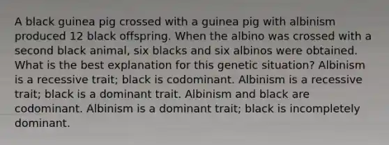 A black guinea pig crossed with a guinea pig with albinism produced 12 black offspring. When the albino was crossed with a second black animal, six blacks and six albinos were obtained. What is the best explanation for this genetic situation? Albinism is a recessive trait; black is codominant. Albinism is a recessive trait; black is a dominant trait. Albinism and black are codominant. Albinism is a dominant trait; black is incompletely dominant.