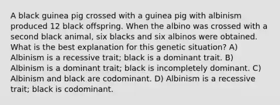 A black guinea pig crossed with a guinea pig with albinism produced 12 black offspring. When the albino was crossed with a second black animal, six blacks and six albinos were obtained. What is the best explanation for this genetic situation? A) Albinism is a recessive trait; black is a dominant trait. B) Albinism is a dominant trait; black is incompletely dominant. C) Albinism and black are codominant. D) Albinism is a recessive trait; black is codominant.