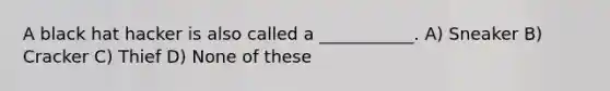 A black hat hacker is also called a ___________. A) Sneaker B) Cracker C) Thief D) None of these