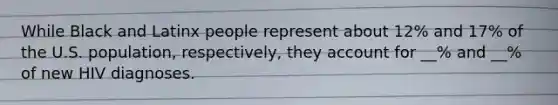While Black and Latinx people represent about 12% and 17% of the U.S. population, respectively, they account for __% and __% of new HIV diagnoses.