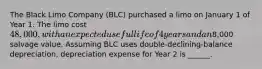 The Black Limo Company (BLC) purchased a limo on January 1 of Year 1. The limo cost 48,000, with an expected useful life of 4 years and an8,000 salvage value. Assuming BLC uses double-declining-balance depreciation, depreciation expense for Year 2 is ______.