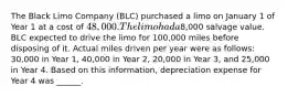 The Black Limo Company (BLC) purchased a limo on January 1 of Year 1 at a cost of 48,000. The limo had a8,000 salvage value. BLC expected to drive the limo for 100,000 miles before disposing of it. Actual miles driven per year were as follows: 30,000 in Year 1, 40,000 in Year 2, 20,000 in Year 3, and 25,000 in Year 4. Based on this information, depreciation expense for Year 4 was ______.