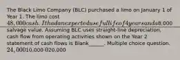 The Black Limo Company (BLC) purchased a limo on January 1 of Year 1. The limo cost 48,000 cash. It had an expected useful life of 4 years and a8,000 salvage value. Assuming BLC uses straight-line depreciation, cash flow from operating activities shown on the Year 2 statement of cash flows is Blank______. Multiple choice question. 24,00010,000 020,000