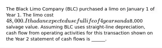 The Black Limo Company (BLC) purchased a limo on January 1 of Year 1. The limo cost 48,000. It had an expected useful life of 4 years and a8,000 salvage value. Assuming BLC uses straight-line depreciation, cash flow from operating activities for this transaction shown on the Year 2 statement of cash flows is ______.