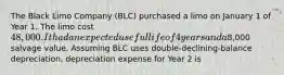 The Black Limo Company (BLC) purchased a limo on January 1 of Year 1. The limo cost 48,000. It had an expected useful life of 4 years and a8,000 salvage value. Assuming BLC uses double-declining-balance depreciation, depreciation expense for Year 2 is