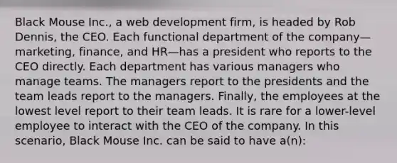 Black Mouse Inc., a web development firm, is headed by Rob Dennis, the CEO. Each functional department of the company—marketing, finance, and HR—has a president who reports to the CEO directly. Each department has various managers who manage teams. The managers report to the presidents and the team leads report to the managers. Finally, the employees at the lowest level report to their team leads. It is rare for a lower-level employee to interact with the CEO of the company. In this scenario, Black Mouse Inc. can be said to have a(n):