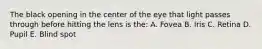 The black opening in the center of the eye that light passes through before hitting the lens is the: A. Fovea B. Iris C. Retina D. Pupil E. Blind spot