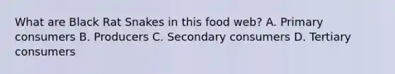 What are Black Rat Snakes in this food web? A. Primary consumers B. Producers C. Secondary consumers D. Tertiary consumers