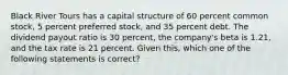 Black River Tours has a capital structure of 60 percent common stock, 5 percent preferred stock, and 35 percent debt. The dividend payout ratio is 30 percent, the company's beta is 1.21, and the tax rate is 21 percent. Given this, which one of the following statements is correct?