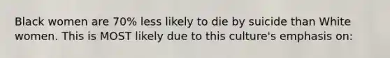 Black women are 70% less likely to die by suicide than White women. This is MOST likely due to this culture's emphasis on: