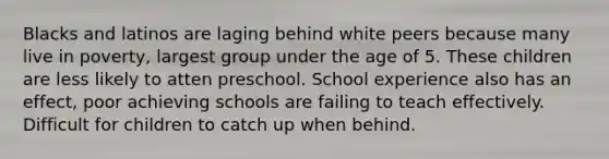 Blacks and latinos are laging behind white peers because many live in poverty, largest group under the age of 5. These children are less likely to atten preschool. School experience also has an effect, poor achieving schools are failing to teach effectively. Difficult for children to catch up when behind.