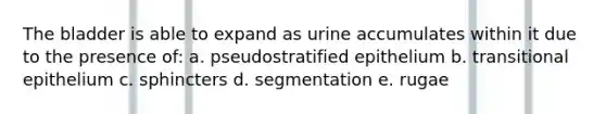 The bladder is able to expand as urine accumulates within it due to the presence of: a. pseudostratified epithelium b. transitional epithelium c. sphincters d. segmentation e. rugae