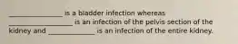 ________________ is a bladder infection whereas ___________________ is an infection of the pelvis section of the kidney and ______________ is an infection of the entire kidney.