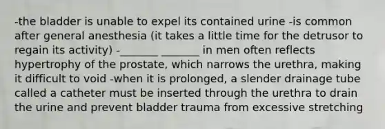 -the bladder is unable to expel its contained urine -is common after general anesthesia (it takes a little time for the detrusor to regain its activity) -_______ _______ in men often reflects hypertrophy of the prostate, which narrows the urethra, making it difficult to void -when it is prolonged, a slender drainage tube called a catheter must be inserted through the urethra to drain the urine and prevent bladder trauma from excessive stretching