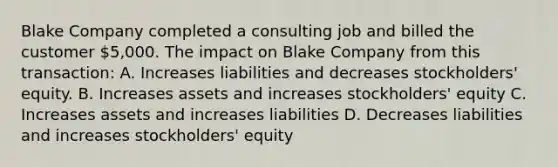 Blake Company completed a consulting job and billed the customer 5,000. The impact on Blake Company from this transaction: A. Increases liabilities and decreases stockholders' equity. B. Increases assets and increases stockholders' equity C. Increases assets and increases liabilities D. Decreases liabilities and increases stockholders' equity