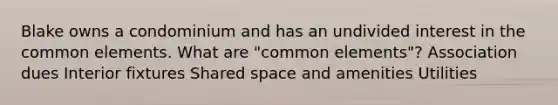 Blake owns a condominium and has an undivided interest in the common elements. What are "common elements"? Association dues Interior fixtures Shared space and amenities Utilities