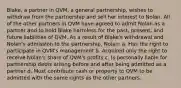 Blake, a partner in QVM, a general partnership, wishes to withdraw from the partnership and sell her interest to Nolan. All of the other partners in QVM have agreed to admit Nolan as a partner and to hold Blake harmless for the past, present, and future liabilities of QVM. As a result of Blake's withdrawal and Nolan's admission to the partnership, Nolan: a. Has the right to participate in QVM's management b. Acquired only the right to receive Nolan's share of QVM's profits c. Is personally liable for partnership debts arising before and after being admitted as a partner d. Must contribute cash or property to QVM to be admitted with the same rights as the other partners.