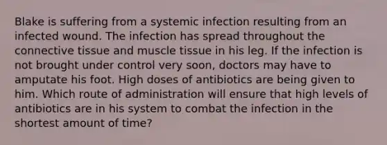 Blake is suffering from a systemic infection resulting from an infected wound. The infection has spread throughout the connective tissue and muscle tissue in his leg. If the infection is not brought under control very soon, doctors may have to amputate his foot. High doses of antibiotics are being given to him. Which route of administration will ensure that high levels of antibiotics are in his system to combat the infection in the shortest amount of time?