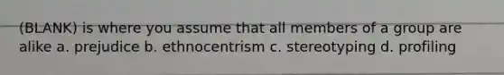 (BLANK) is where you assume that all members of a group are alike a. prejudice b. ethnocentrism c. stereotyping d. profiling