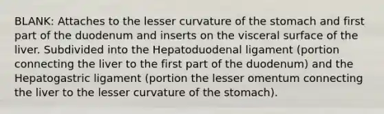 BLANK: Attaches to the lesser curvature of the stomach and first part of the duodenum and inserts on the visceral surface of the liver. Subdivided into the Hepatoduodenal ligament (portion connecting the liver to the first part of the duodenum) and the Hepatogastric ligament (portion the lesser omentum connecting the liver to the lesser curvature of the stomach).