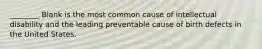 ________ Blank is the most common cause of intellectual disability and the leading preventable cause of birth defects in the United States.