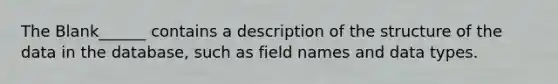 The Blank______ contains a description of the structure of the data in the database, such as field names and data types.