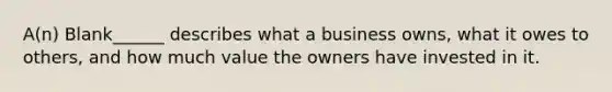 A(n) Blank______ describes what a business owns, what it owes to others, and how much value the owners have invested in it.