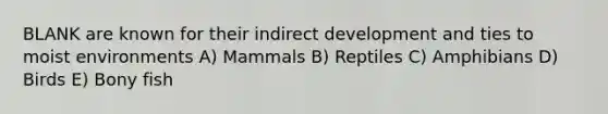 BLANK are known for their indirect development and ties to moist environments A) Mammals B) Reptiles C) Amphibians D) Birds E) Bony fish