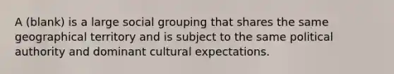 A (blank) is a large social grouping that shares the same geographical territory and is subject to the same political authority and dominant cultural expectations.