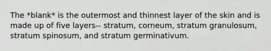 The *blank* is the outermost and thinnest layer of the skin and is made up of five layers-- stratum, corneum, stratum granulosum, stratum spinosum, and stratum germinativum.