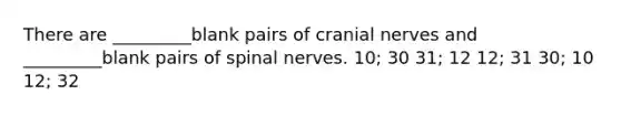 There are _________blank pairs of <a href='https://www.questionai.com/knowledge/kE0S4sPl98-cranial-nerves' class='anchor-knowledge'>cranial nerves</a> and _________blank pairs of <a href='https://www.questionai.com/knowledge/kyBL1dWgAx-spinal-nerves' class='anchor-knowledge'>spinal nerves</a>. 10; 30 31; 12 12; 31 30; 10 12; 32