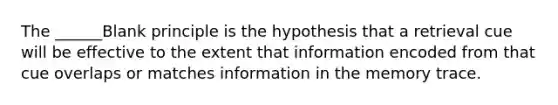 The ______Blank principle is the hypothesis that a retrieval cue will be effective to the extent that information encoded from that cue overlaps or matches information in the memory trace.