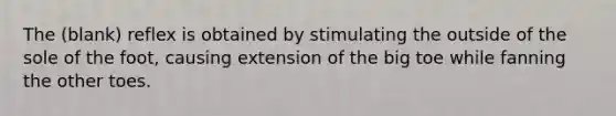 The (blank) reflex is obtained by stimulating the outside of the sole of the foot, causing extension of the big toe while fanning the other toes.